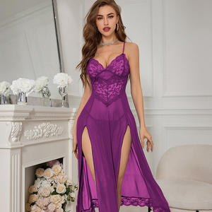 Lingerie ludique sexy pour femmes européennes et américaines Robe de nuit longue fendue en dentelle brodée pour femmes sexy - Product Image 4