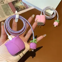 Korean Kawaii Cute 3D Pink Purple Tulip USB Charger Data Protection Case pour Apple 18W 20W Made Durable Silicone Spiral Charger