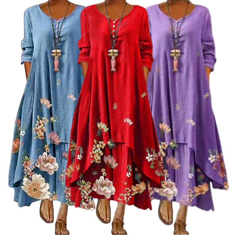 Spring Fall 2021 New Arrivals Women Clothes Maxi Floral Elegant Casual Boho Dress Ladies Fashion Dresses Plus Size Club Dress 