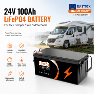 Batería LiFePO4 de 24V 100Ah con BMS de 100A, recargable de ciclo profundo para RV, caravana, autocaravana, disponible en stock en la UE. - Product Image 1