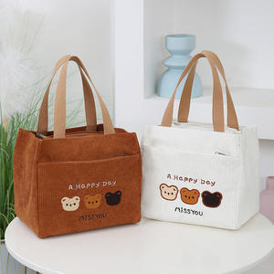 Bolso tote de lona y pana de moda para mujer, mini bolso de mano con oso bordado, lindo bolso de almuerzo con estampado Happy Day y cierre de cremallera, 6 pulgadas - Product Image 4