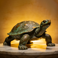 Sculpture de tortue familiale en bronze coulé à la cire perdue, patine verte antique, pour jardin extérieur, bassin et ornement paysager
