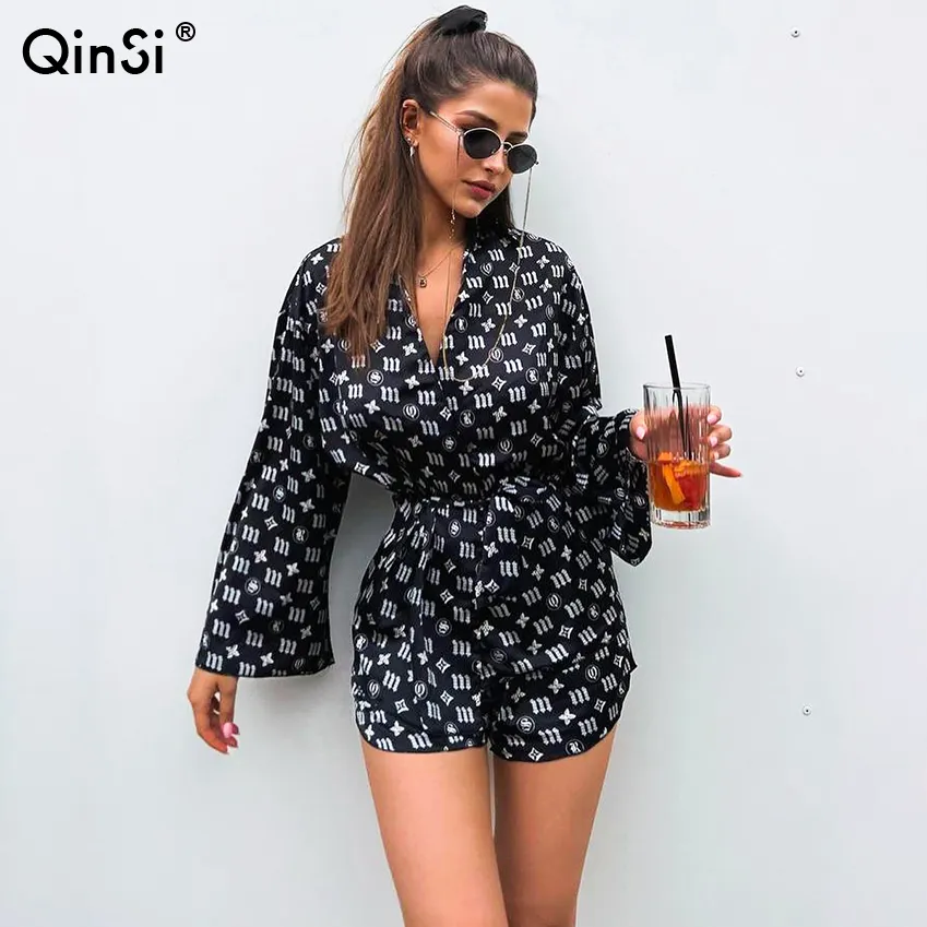 QINSI Fashion Ladies Nightgowns Suit Turn-Down Collar Robe Lace Up Pajama Long Sleeve Sleepwear Shorts Printing Nightie Set