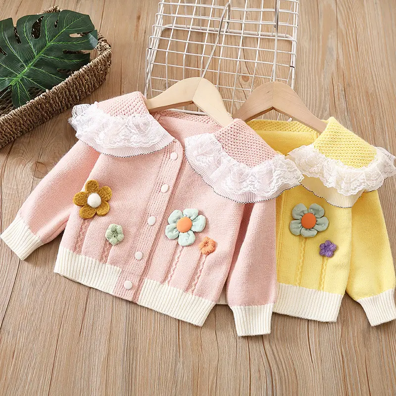 Colorful Girls Sweater Spring Fall Knitted Cardigan With Petal Collar Cute Kids Clothing Girl For Party Top Infant Baby Clothes