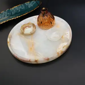 SHIHUI Customized Design White Onyx Serving Tray Natural Stone Home Decorative Round Onyx Tray