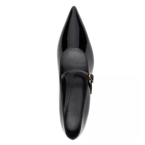 Sandales à talons compensés bas pour femmes, à bride moyenne, en cuir verni, talons carrés classiques, à boucle, escarpins à bout pointu - Product Image 4