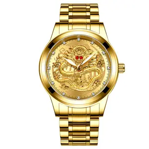 Relógio dragão de ouro em relevo, relógio masculino impermeável e não mecânico, relógio fashion com diamante rubi