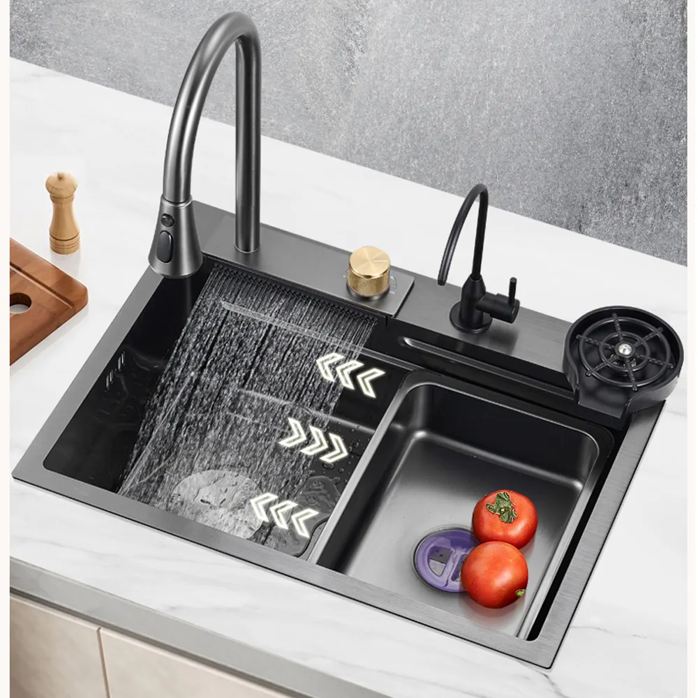 SUS304 Deep Basin Nano Double Bowl Undermount Handmade Stainless Steel Black Kitchen Sink
