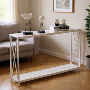 Modern Console Table Reddish <b>Oak</b> Triamine Board Cross Iron <b>Frame</b> Stable Living Room Furniture for Porch or Sofa - Product Image 2