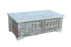 Haswani Handicrafts Distressed Blue Wooden Trunk <b>Coffee</b> <b>Table</b> Solid Wood Vintage Storage Chest <b>Rustic</b> Painted Durable Strong - Product Image 2