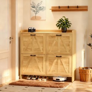 Light Oak Rustic Barn Door Shoe Cabinet 4 Flip Drawers Entryway Organizer Living Room <b>Storage</b> - Product Image 6