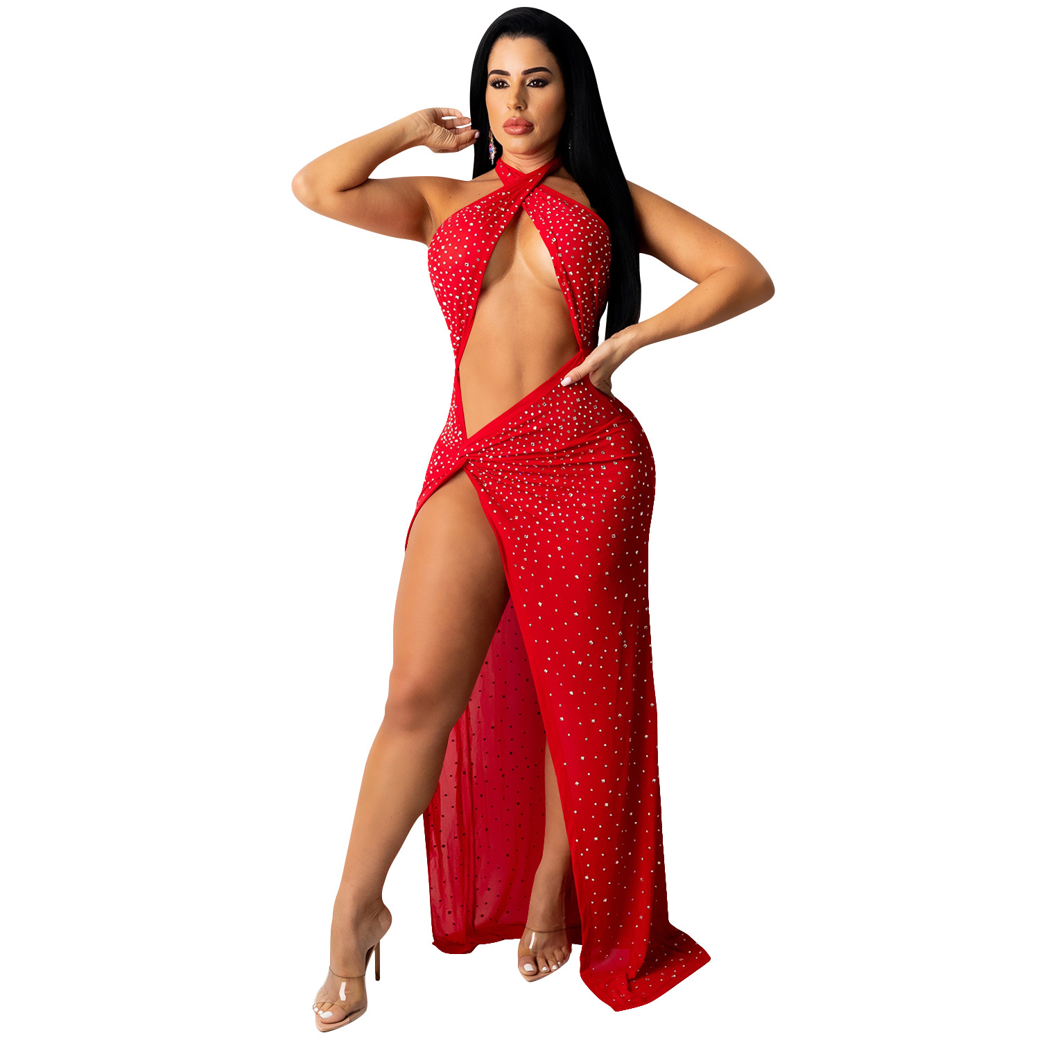Женское блестящее платье макси со стразами, Привлекательное платье с высоким разрезом, Сетчатое платье с запахом и разрезом на груди, украшенное стразами