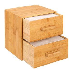 Bamboo Double <b>Drawer</b> <b>Storage</b> Box Large Desktop Organizer With Anti Slip Mats For Tissue And Jewelry - Product Image 3
