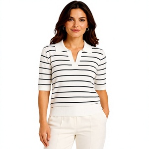 Polo en tricot rayé blanc et noir pour femme, manches courtes, col en V, décontracté, pour le bureau, chemise d'été, fournisseur en gros personnalisé - Product Image 4