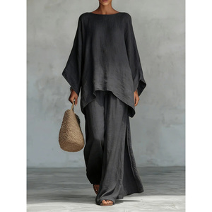 Ensemble 2 pièces en lin à col bateau et manches chauve-souris avec haut oversize à ourlet irrégulier et pantalon large décontracté pour femme - Product Image 3