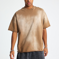 T-shirt vintage surdimensionné en coton 305 g/m² pour homme, col déchiré, bords bruts, effet délavé, coupe ample, poids lourd