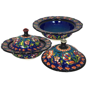 Cuenco de cerámica bajo vidriado pintado a mano con diseño clásico de delicias turcas antiguas verdaderamente hechas a mano - Product Image 1