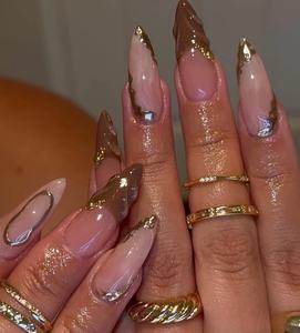 เล็บปลอมอะคริลิกเทียมสีทองแบบทำมือกดบนเล็บ2025ออกแบบได้ตามต้องการ - Product Image 5