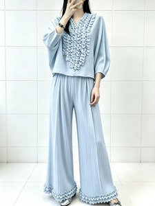 Elegant Solid Woven <b>White</b> Ruffled Top with Wide Leg Pants <b>Set</b> Loose Fit Lantern Sleeve Casual Summer Outfit - Product Image 5