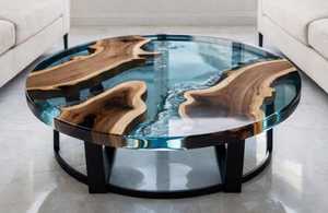 Round Resin Wood Coffee <b>Table</b> Modern Living Room Center <b>Table</b> <b>Epoxy</b> Embedded Wood Grain Metal Legs - Product Image 4