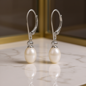 Orecchini pendenti classici in argento 925 placcato oro bianco con perle Akoya, perle coltivate ovali, gioielli da sposa per donna - Product Image 2