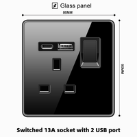 Prise britannique 13A version Hong Kong avec charge rapide USB, panneau tactile intelligent, trois trous, carrée, noire, en verre trempé
