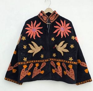 Suzani Embroidered velvet <b>Jackets</b> Hand Embroidered <b>Corduroy</b> <b>Jacket</b> Women's Mandarin Collar Floral Pattern Autumn Full Sleeve - Product Image 1