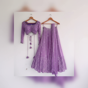 Light Purple Woolen Faux Georgette Above Knee Casual Lehenga Choli Women's Embroidered 3-Piece Set Model LC170 - Product Image 2