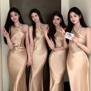 Nuevo vestido de dama de honor color champán, vestido largo de satén exclusivo, vestido ligero de alta gama - Product Image 6