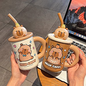 Taza Aislada Hello Cappy de 470 ml, Color Marrón, con Tapa de Oso y Pajita para Café y Té - Product Image 3