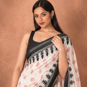 Sari Tradicional de Algodón para Mujer, Estampado Digital con Patrón de Hojas Rojas y Negras, Estilo Casual, Largo hasta el Suelo, Corte Regular, Estilo Bollywood - Product Image 1