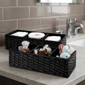 Panier de rangement rectangulaire noir tissé avec séparateurs pour l'organisation des articles de salle de bain - Product Image 2