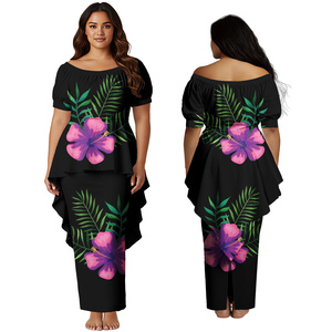 Gaun Gereja Elegan Wanita Motif Daun Monstera Custom Print, Gaun Panjang Model Swallow-Tail Hem untuk Wanita Samoa Polinesia, Set Aloha Puletasi - Product Image 3