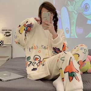 Camisones de Dibujos Animados para Mujer, Otoño Invierno, Forrados de Felpa, Gruesos, de Felpa de Coral, Traje para el Hogar, Pantalones, Cárdigan, Ropa Exterior - Product Image 3