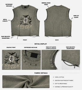 <span class=keywords><strong>T</strong></span>-<span class=keywords><strong>Shirt</strong></span> Senza Maniche <span class=keywords><strong>Vintage</strong></span> con Logo Personalizzato Stampato DTG, Lavaggio Acido, Effetto Invecchiato, Cotone Pesante 280g, Occhielli Metallici, Streetwear Punk - Product Image 2