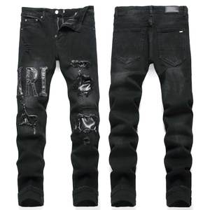 Jeans <span class=keywords><strong>Neri</strong></span> Strappati da <span class=keywords><strong>Uomo</strong></span> RUICHI, Moda Streetwear, Elasticizzati, <span class=keywords><strong>Slim</strong></span> <span class=keywords><strong>Fit</strong></span>, con Ricamo a Lettere - Product Image 1