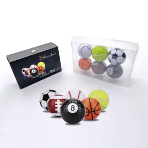 Set with 6 golf balls in a sporty design football, basketball, billiards, baseball, football and tennis sport themed golf balls