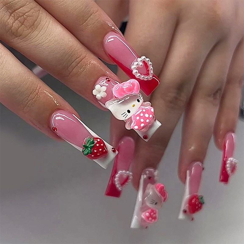 Wholesale 24Pcs Reusable Long Coffin False Nails Bling 3D Hello Kitty Design Press on Nails for Girls