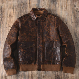 Chaqueta de bombardero de cuero de <span class=keywords><strong>Aviador</strong></span> A2 americana desgastada Vintage para hombre con cremallera frontal ecológica con acabado genuino - Product Image 1