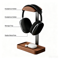 Support pour casque audio en bois vintage avec plateau de rangement pour la maison, le bureau et les jeux sur ordinateur