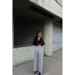 กางเกงลำลองผู้หญิงสีเทาเอวสูงทรงขาบานพร้อมเชือกผูก ระบายอากาศได้ดี ไซส์ 3XL สีวอช - Product Image 1