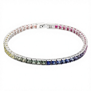 High Quality Stones 925 <b>Sterling</b> <b>Silver</b> Rhodium Plated Princess Cut Rainbow 2*2 Sapphire <b>Bangle</b> for Gift - Product Image 3