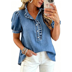 <span class=keywords><strong>Chemise</strong></span> en <span class=keywords><strong>jean</strong></span> 100 % coton pour <span class=keywords><strong>femme</strong></span>, décontractée, à volants, boutonnée, style chemisier, manches courtes bouffantes, été 2026 - Product Image 3