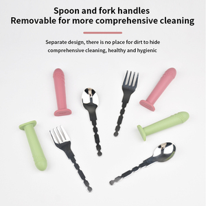 Juego de tenedor y cuchara de acero inoxidable para bebé, mango de silicona, cubiertos de entrenamiento para niños pequeños, antideslizantes, con agarre antideslizante para niños - Product Image 4