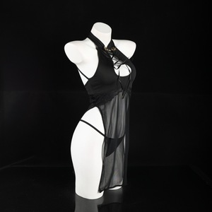 Sexy Halter Cheongsam Nightgown With Hollow Out Design For Women Satin Semi Sheer Lingerie Costume - Product Image 2