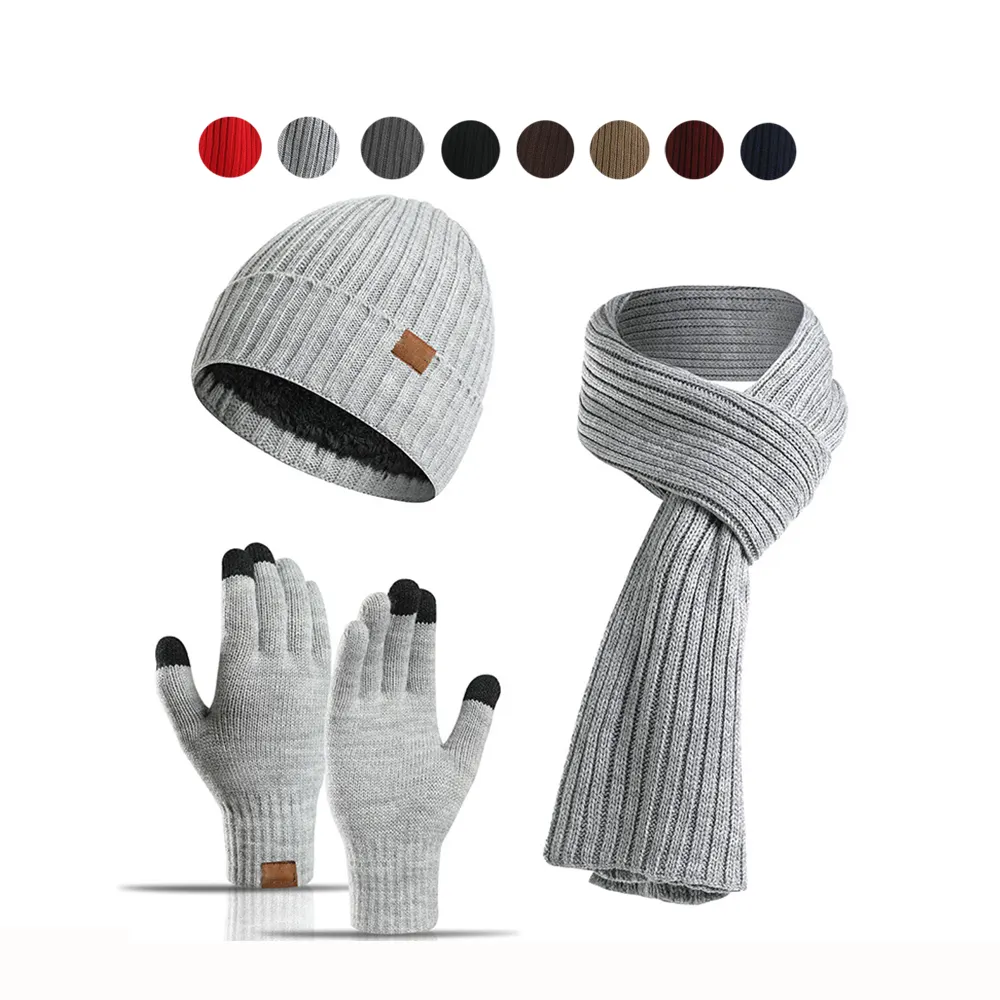 Womens Men 3 In 1 Winter Knit Warm Hat Beanie Long Scarf Touch Screen Gloves Set Custom Logo Caps Neck Scarves For Lady