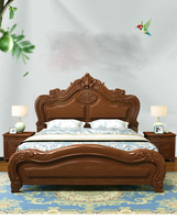 Lit en bois massif européen sculpté vintage, couleur noyer américain, luxe léger, avec coffre de rangement à levage pneumatique, robuste, garantie 3 ans