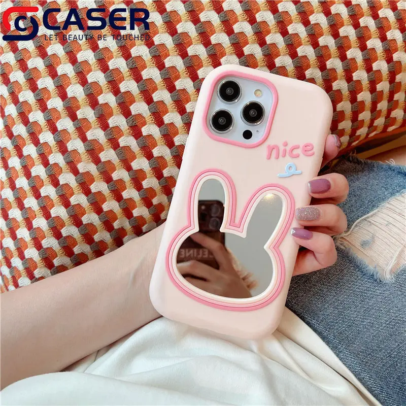 한국어 크리 에이 티브 3D 귀여운 토끼 메이크업 거울 실리콘 휴대 전화 케이스 하이 퀄리티 사랑스러운 핑크 전화 커버 아이폰 15 14