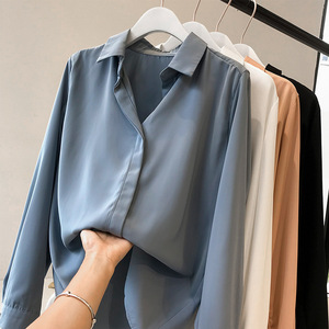 우아한 사무실 숙녀 패션 블라우스 니트 친환경 긴 소매 심플 솔리드 여름 셔츠 8385 # 가을 봄 - Product Image 4