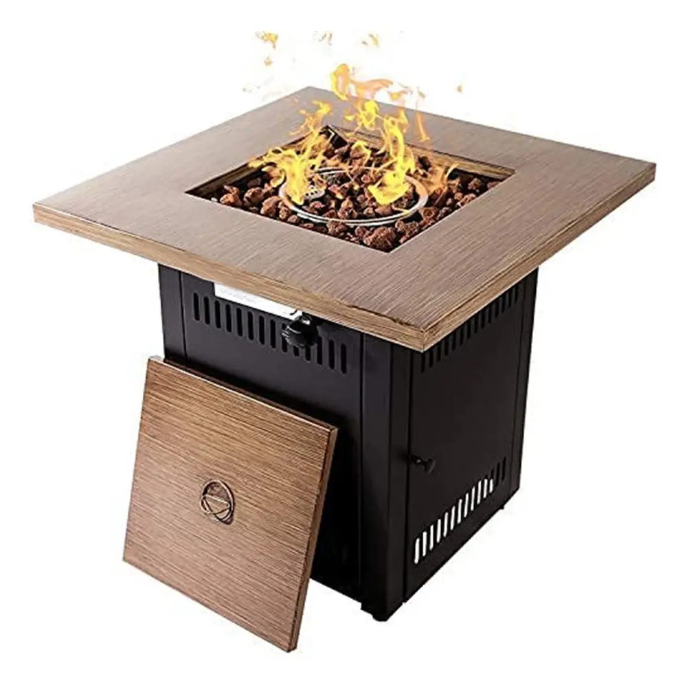 Oniya 28" Patio Furniture Gas Fire Pit 50000 BTU Outdoor Square Fireplace with Faux Wood Grain Design for Outside Patio